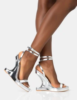 Public Desire A-List Mirror Barley There Wrap Around Platform Cut Out Wedge Heels | Women Barely There Heels