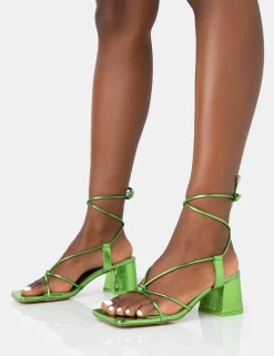 Public Desire Aloha Metallic Lace Up Block Mid Heeled Sandals | Women Sandals