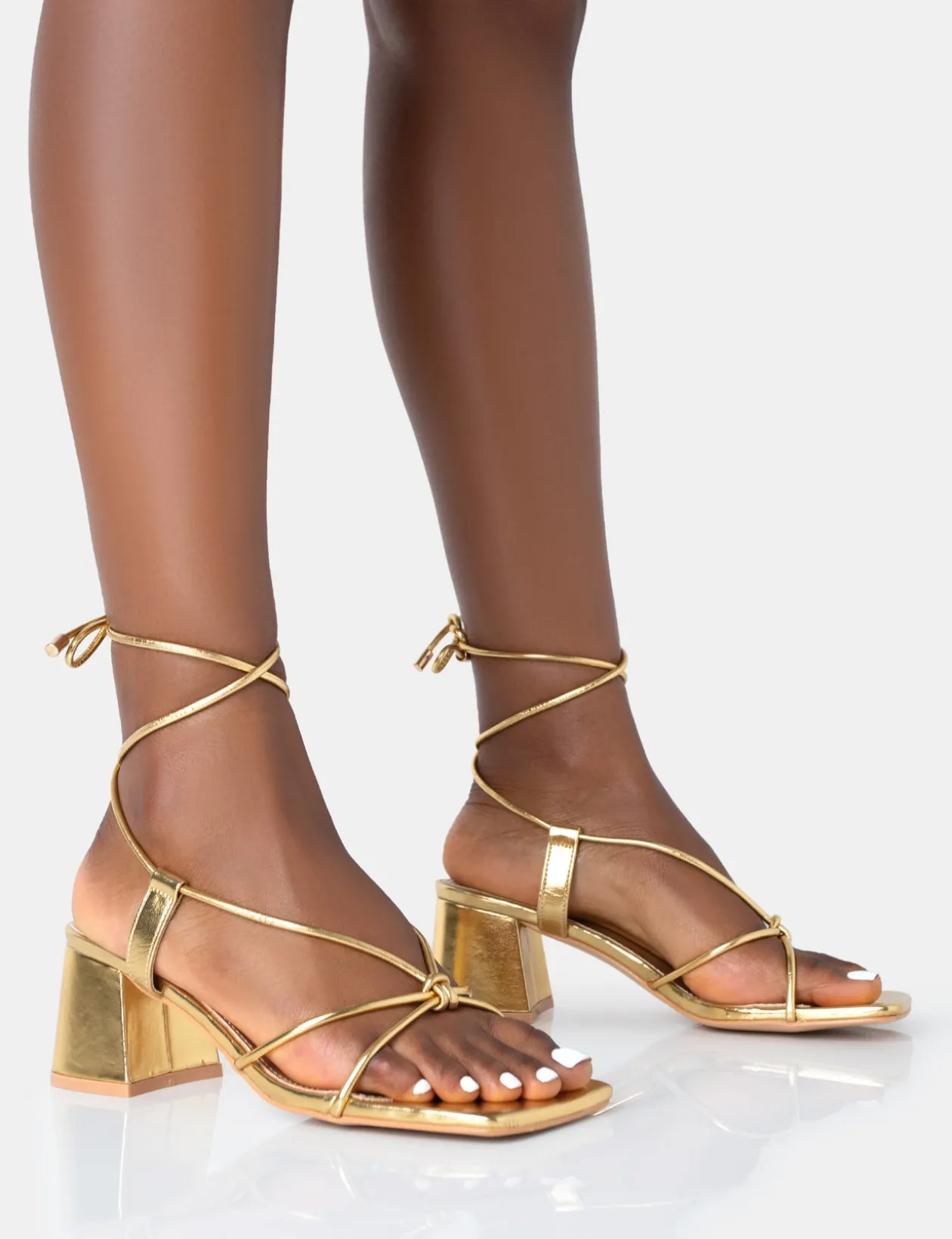 Public Desire Aloha Pu Lace Up Block Mid Heeled Sandals | Women Sandals