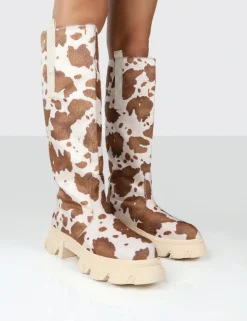 Public Desire Amber X Genius Cow Print Platform Knee High Chunky Sole Boot | Women Knee High Boots