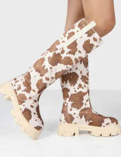 Public Desire Amber X Genius Cow Print Platform Knee High Chunky Sole Boot | Women Knee High Boots