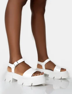 Public Desire Athens Patent Round Toe Chunky Flat Sandals | Women White Sandals