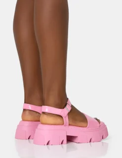 Public Desire Athens Pink Patent Round Toe Chunky Flat Sandals | Women Chunky Sandals