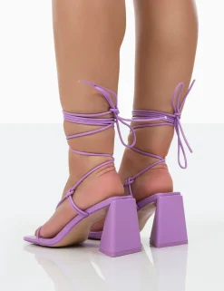 Public Desire Atlas Patent Square Toe Lace Up Flared Mid Block Heeled Sandals | Women Square Toe Heels