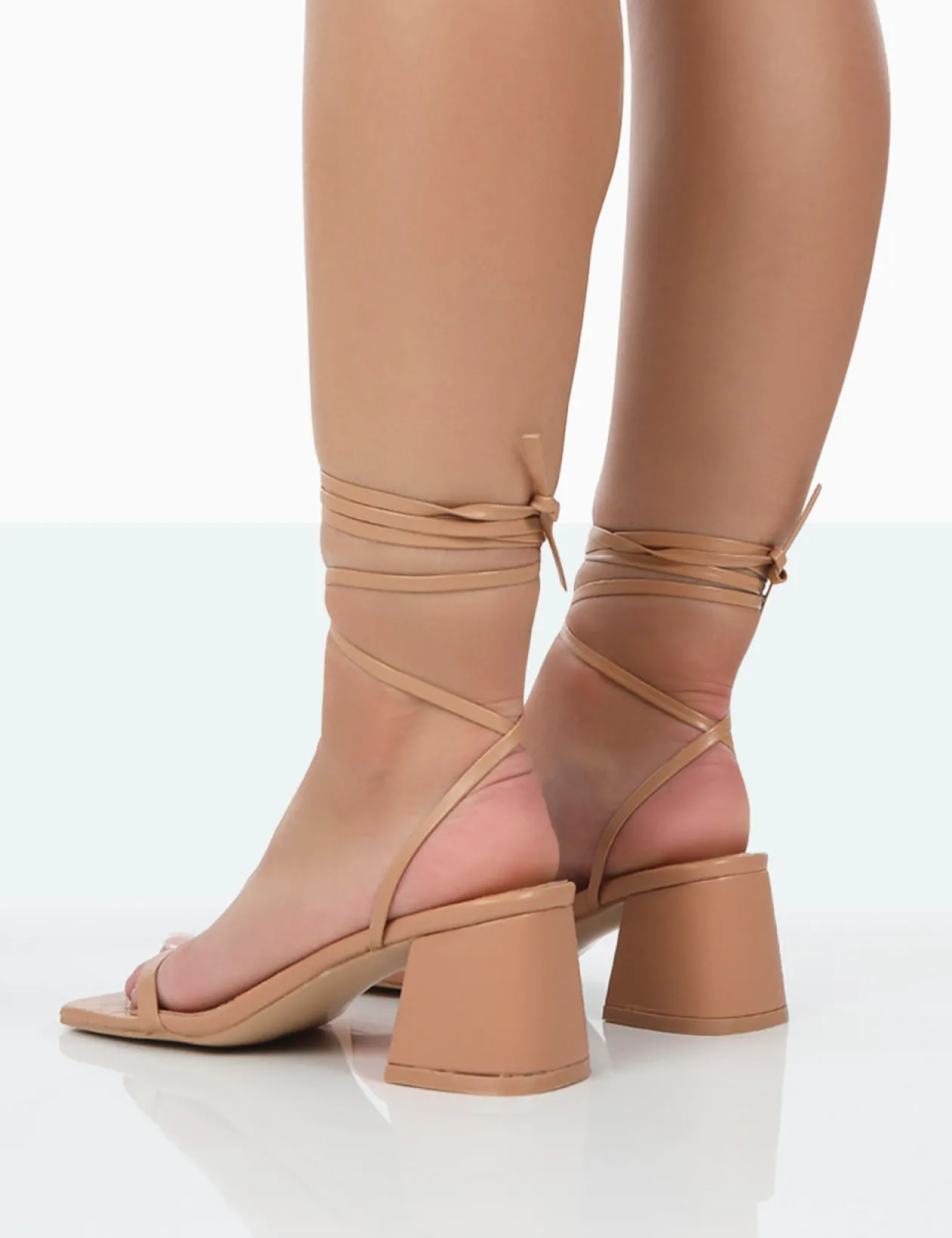 Public Desire Babeass Pu Sqaure Toe Lace Up Block Mid Heeled Sandals | Women Sandals