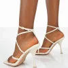 Public Desire Back Up Pu Square Toe Strappy Mid Heels | Women Barely There Heels
