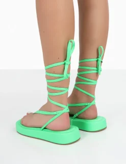 Public Desire Beach Babe Green Lace Up Toe Thong Flatform Sandals | Women Strappy Sandals