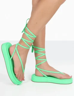 Public Desire Beach Babe Green Lace Up Toe Thong Flatform Sandals | Women Strappy Sandals