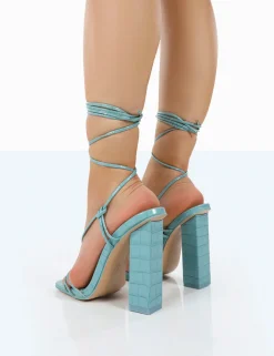 Public Desire Berry Light Croc Square Toe Strappy Lace Up Block Heels | Women Square Toe Heels