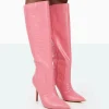 Public Desire Best Believe Croc Pointed Toe Heeled Stiletto Knee High Boots | Women Knee High Boots