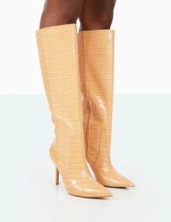Public Desire Best Believe Croc Pointed Toe Stiletto Heeled Knee High Boots | Women Knee High Boots