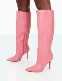 Public Desire Best Believe Croc Pointed Toe Heeled Stiletto Knee High Boots | Women Knee High Boots