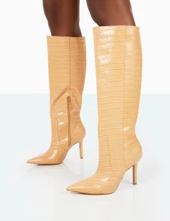 Public Desire Best Believe Croc Pointed Toe Stiletto Heeled Knee High Boots | Women Knee High Boots