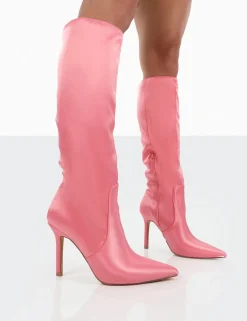 Public Desire Best Believe Satin Pointed Toe Stiletto Heeled Knee High Boots | Women Knee High Boots
