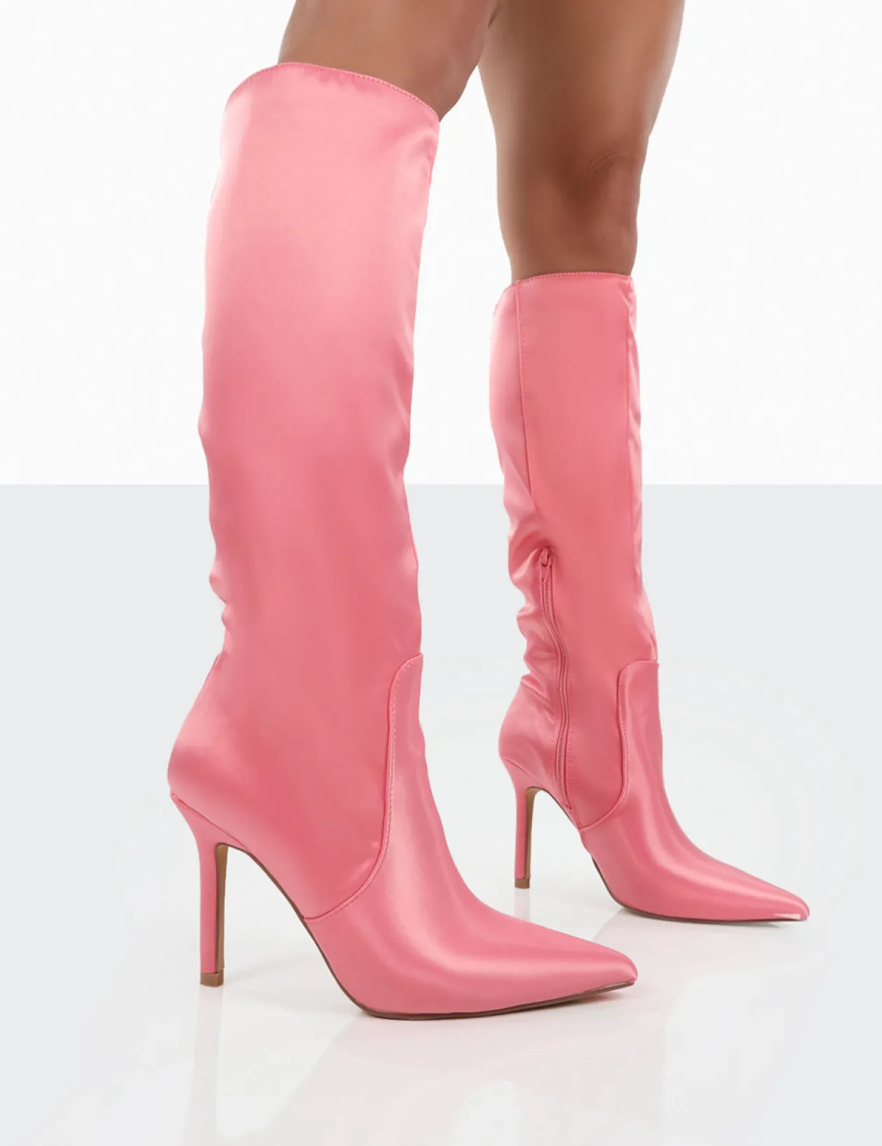 Public Desire Best Believe Satin Pointed Toe Stiletto Heeled Knee High Boots | Women Knee High Boots