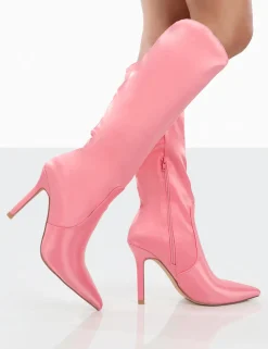 Public Desire Best Believe Satin Pointed Toe Stiletto Heeled Knee High Boots | Women Knee High Boots