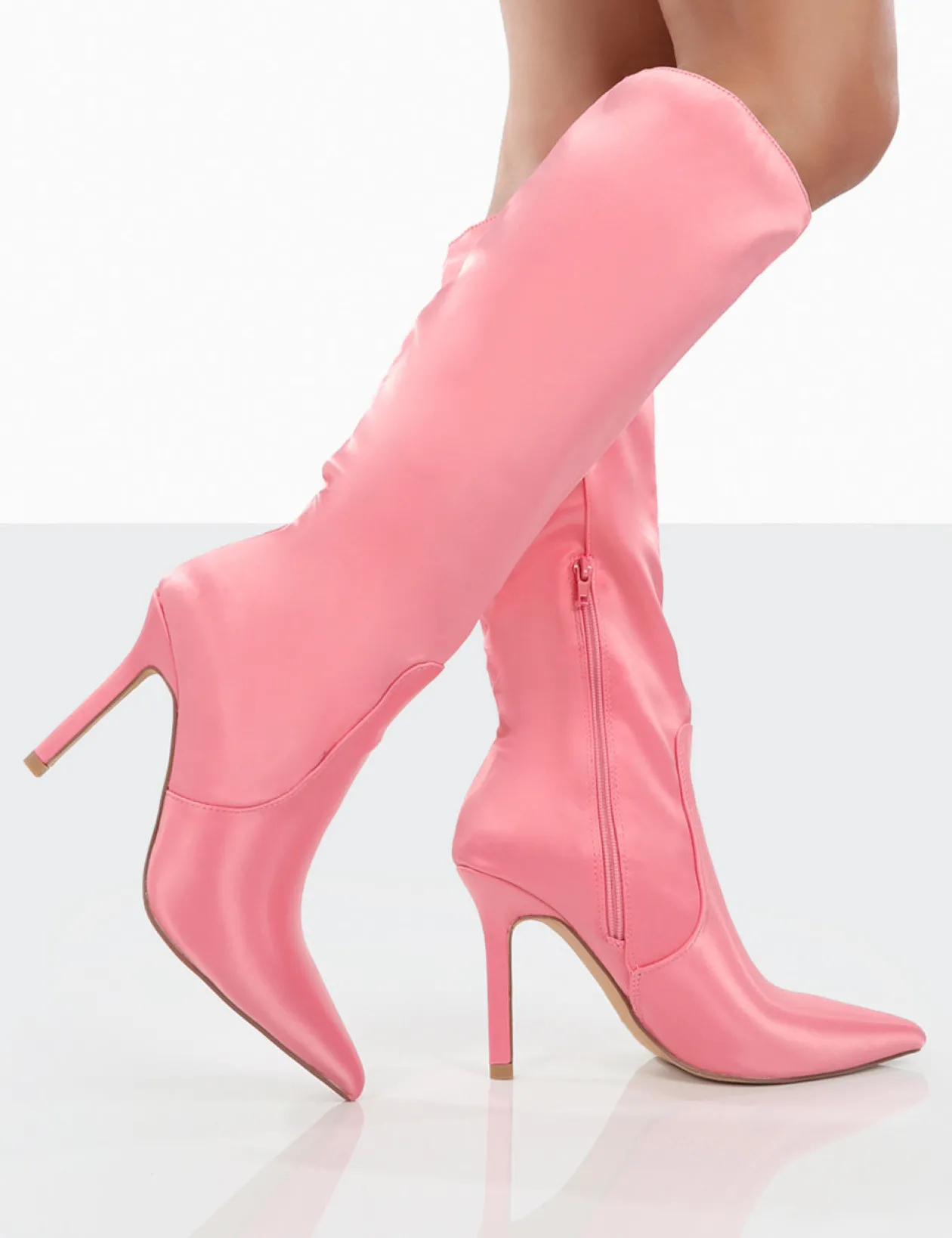 Public Desire Best Believe Satin Pointed Toe Stiletto Heeled Knee High Boots | Women Knee High Boots