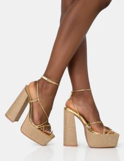 Public Desire Blissful Asymmetric Strappy Square Toe Raffia Platform Block Heels | Women Square Toe Heels