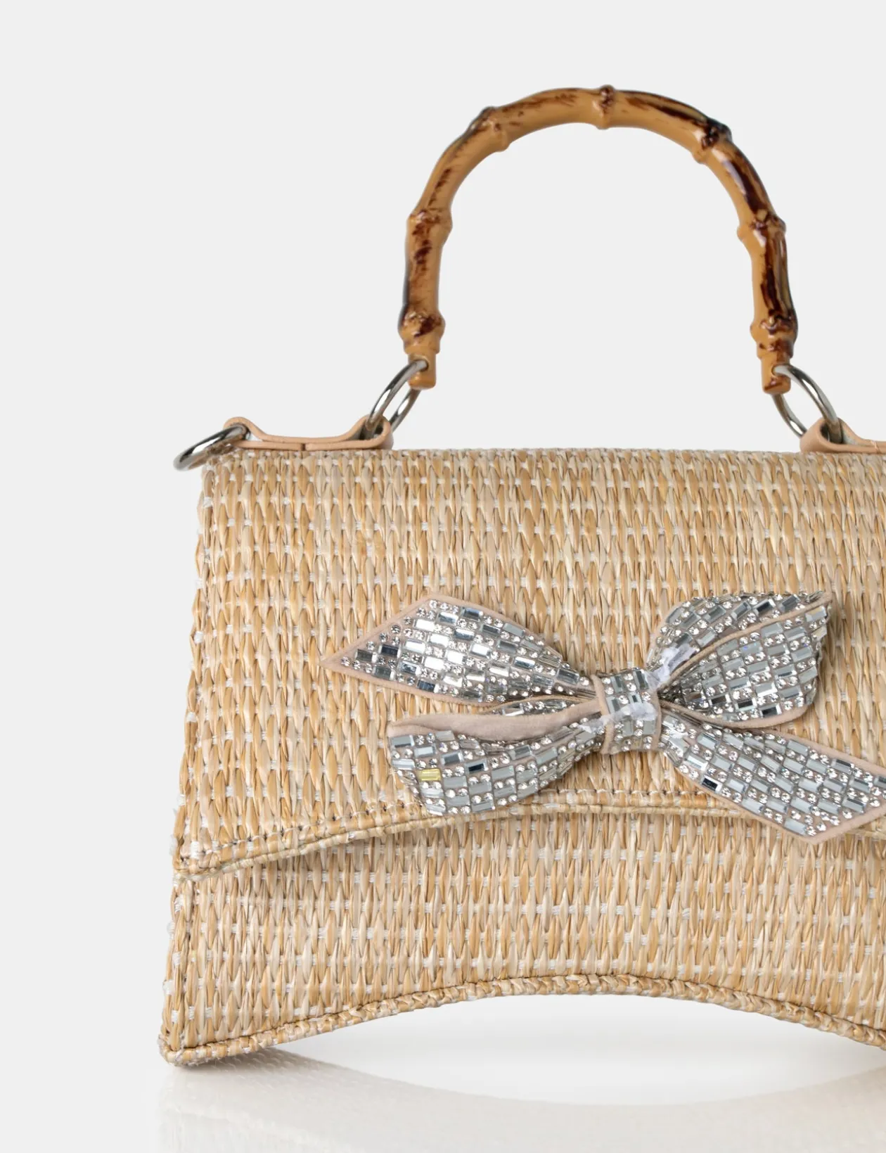 Public Desire Bow Natural Raffia Bamboo Handle Diamante Bow Grab Bag | Women Mini Bags