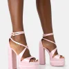 Public Desire Breanna Baby Pink Satin Strappy Ankle Extreme Double Platform Block Heels | Women Platform Heels