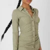 Public Desire Button Front Ruched Dress Khaki | Women Dresses