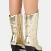 Public Desire Calabasas Western Embroidered Knee High Pointed Toe Cowboy Boots | Women Flat Boots
