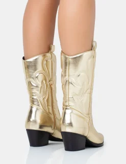 Public Desire Calabasas Western Embroidered Knee High Pointed Toe Cowboy Boots | Women Flat Boots