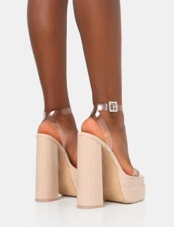 Public Desire Calla Patent Barely There Clear Perspex Square Toe Platform Block Heels | Women Barely There Heels