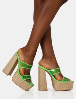 Public Desire Carley Neon Perspex Mule Square Toe Platform Raffia Block Heels | Women Square Toe Heels