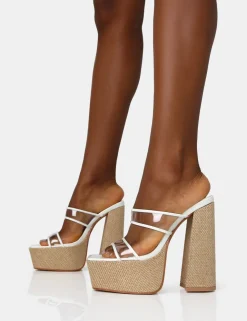 Public Desire Carley Perspex Mule Square Toe Platform Raffia Block Heels | Women Square Toe Heels
