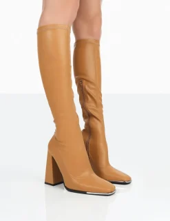 Public Desire Caryn Grain Pu Patent Knee High Block Heeled Boots | Women Knee High Boots