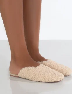 Public Desire Ciao Natural Teddy Slip On Slippers | Women Slippers