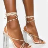 Public Desire Clara Pu Strappy Lace Up Round Toe Clear Perspex Heels | Women Barely There Heels