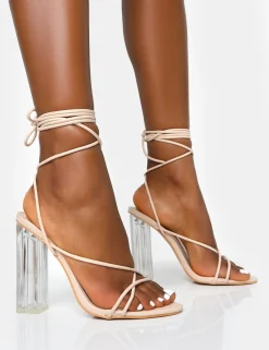 Public Desire Clara Pu Strappy Lace Up Round Toe Clear Perspex Heels | Women Barely There Heels