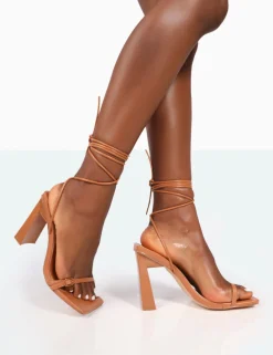 Public Desire Cleo Nude Pu Square Toe Strappy Lace Up Block Heels | Women Square Toe Heels