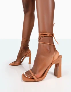 Public Desire Cleo Nude Pu Square Toe Strappy Lace Up Block Heels | Women Square Toe Heels