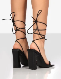 Public Desire Cleo Pu Square Toe Strappy Lace Up Block Heels | Women Lace Up Heels