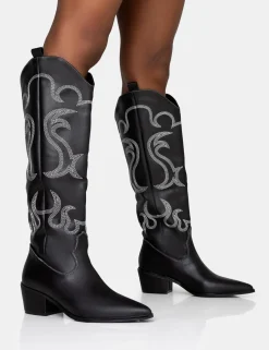 Public Desire Cooper Pu Western Embroidered Knee High Cowboy Boot | Women Western Boots