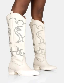 Public Desire Cooper Pu Western Embroidered Knee High Cowboy Boot | Women Western Boots