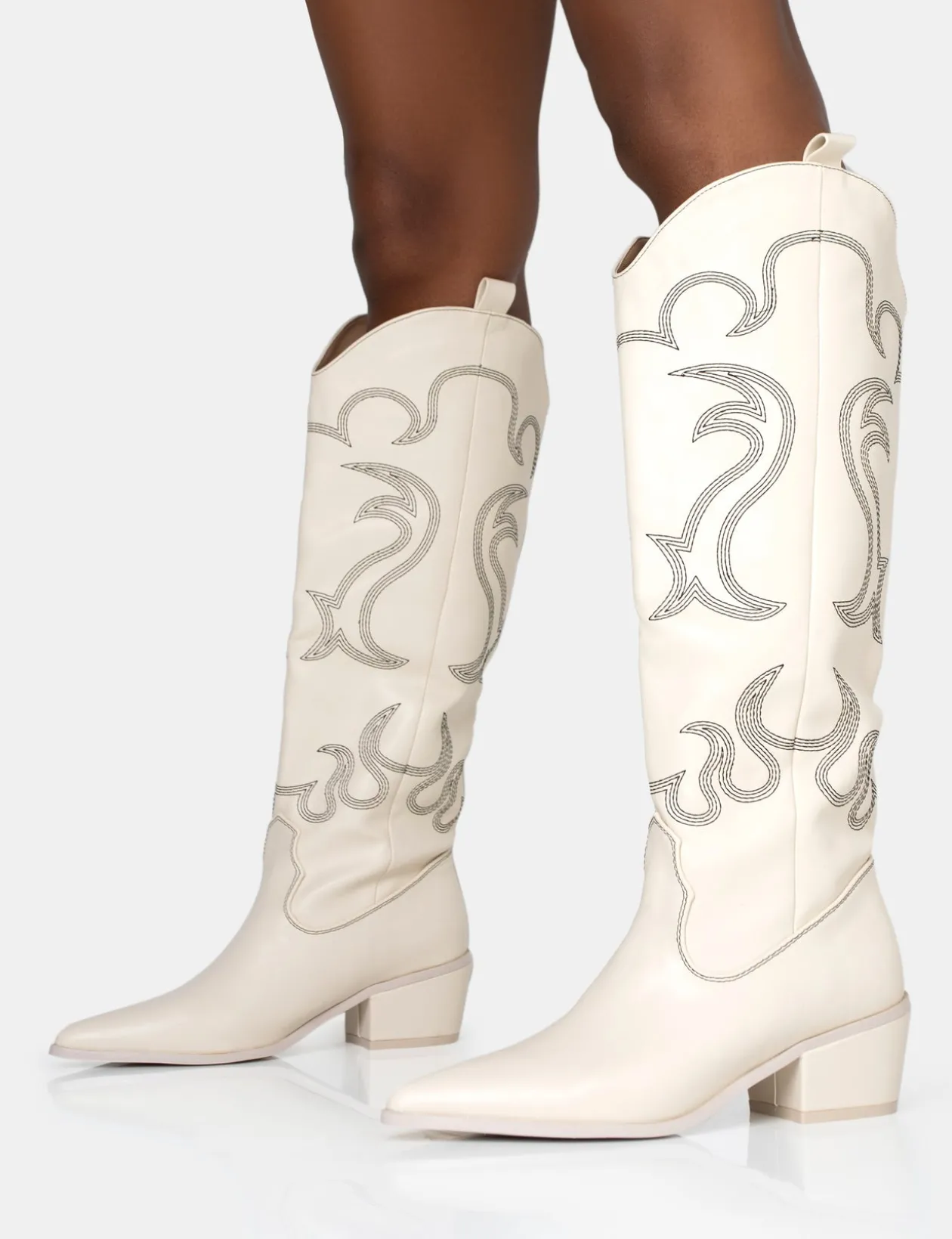 Public Desire Cooper Pu Western Embroidered Knee High Cowboy Boot | Women Western Boots