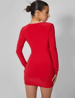 Public Desire Cowl Neck Long Sleeve Mini Dress Red | Women Dresses