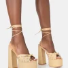 Public Desire Crete Raffia Diamante Twist Strap Lace Up Platform Block Heels | Women Platform Heels