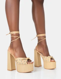 Public Desire Crete Raffia Diamante Twist Strap Lace Up Platform Block Heels | Women Platform Heels