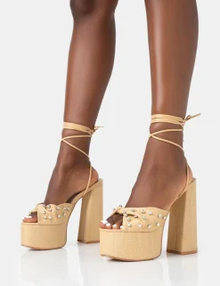 Public Desire Crete Raffia Diamante Twist Strap Lace Up Platform Block Heels | Women Platform Heels