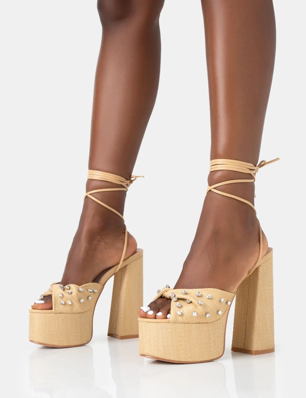 Public Desire Crete Raffia Diamante Twist Strap Lace Up Platform Block Heels | Women Platform Heels