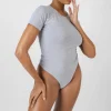 Public Desire Crew Neck Cap Sleeve Tshirt Bodysuit Grey | Women Bodysuits