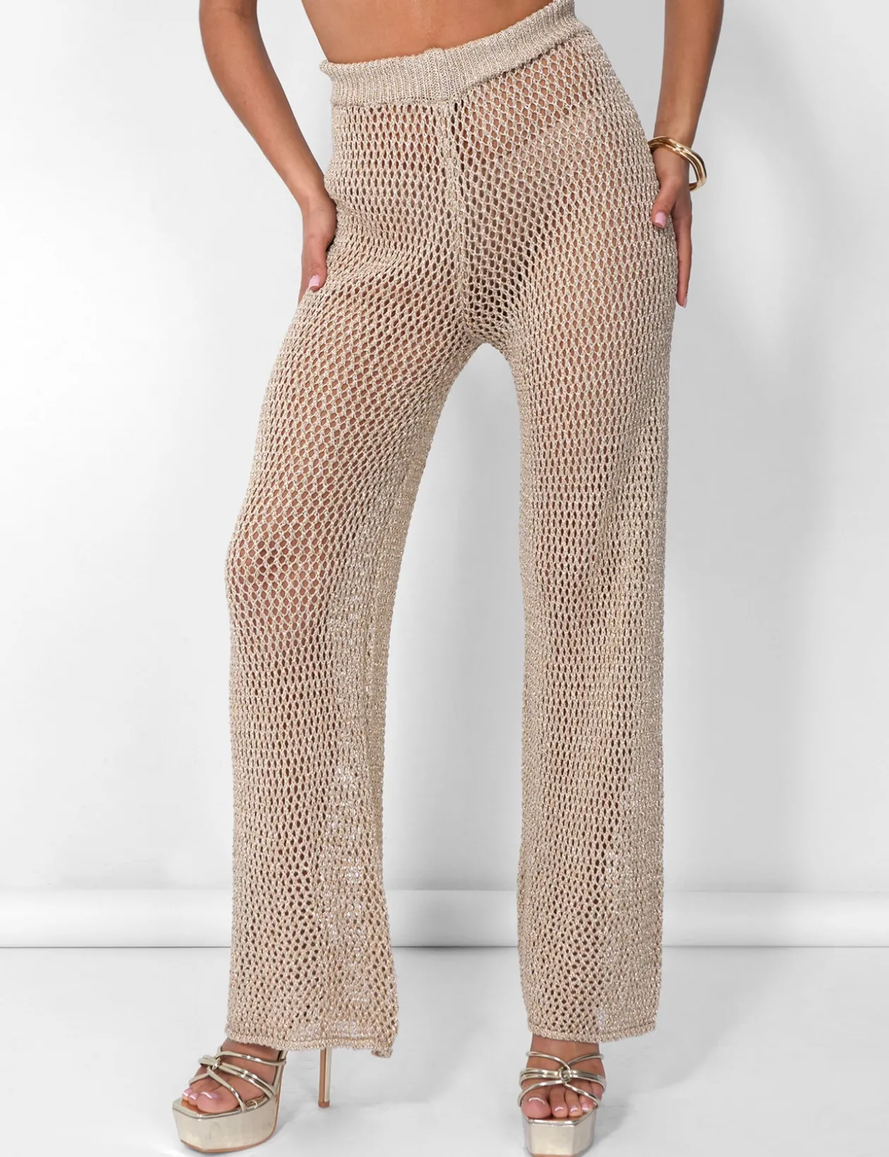 Public Desire Crochet Beach Trousers High Waisted Wide Leg Metallic Thread | Women Trousers