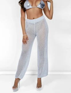 Public Desire Crochet Beach Trousers High Waisted Wide Leg Metallic Thread Light Grey | Women Trousers