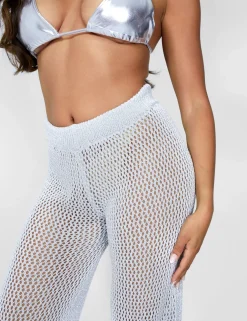 Public Desire Crochet Beach Trousers High Waisted Wide Leg Metallic Thread Light Grey | Women Trousers