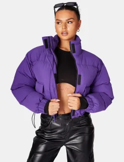 Public Desire Cropped Pocket Detail Puffer Purple | Women Outerwear & Jackets
